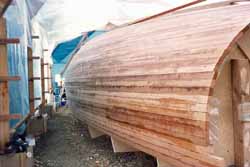 The completed cedar strip hull ready for fairing and sheathing