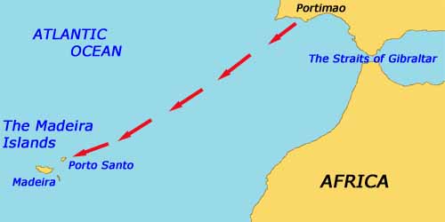 Sketch map of sailing passage from Portugal to Madeira