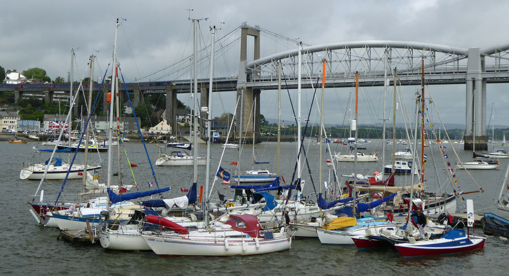 small sailboats in the Jester Challenge congregate on the Tamar River Sailing Club's pontoon