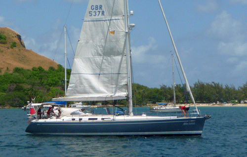 A Nautor Swan 53 sailboat at anchor in Rodney Bay, St Lucia in the West Indies