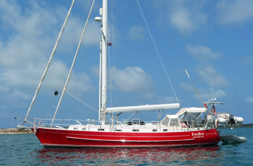 A Valiant 50 cutter rigged cruiser at anchor in Simpson Bay Lagoon, St Maarten, a Dutch/French island in the Caribbean