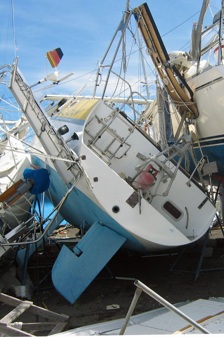 Damage caused to boats ashore in Grenada (West Indies) by Hurricane Ivan in 2004
