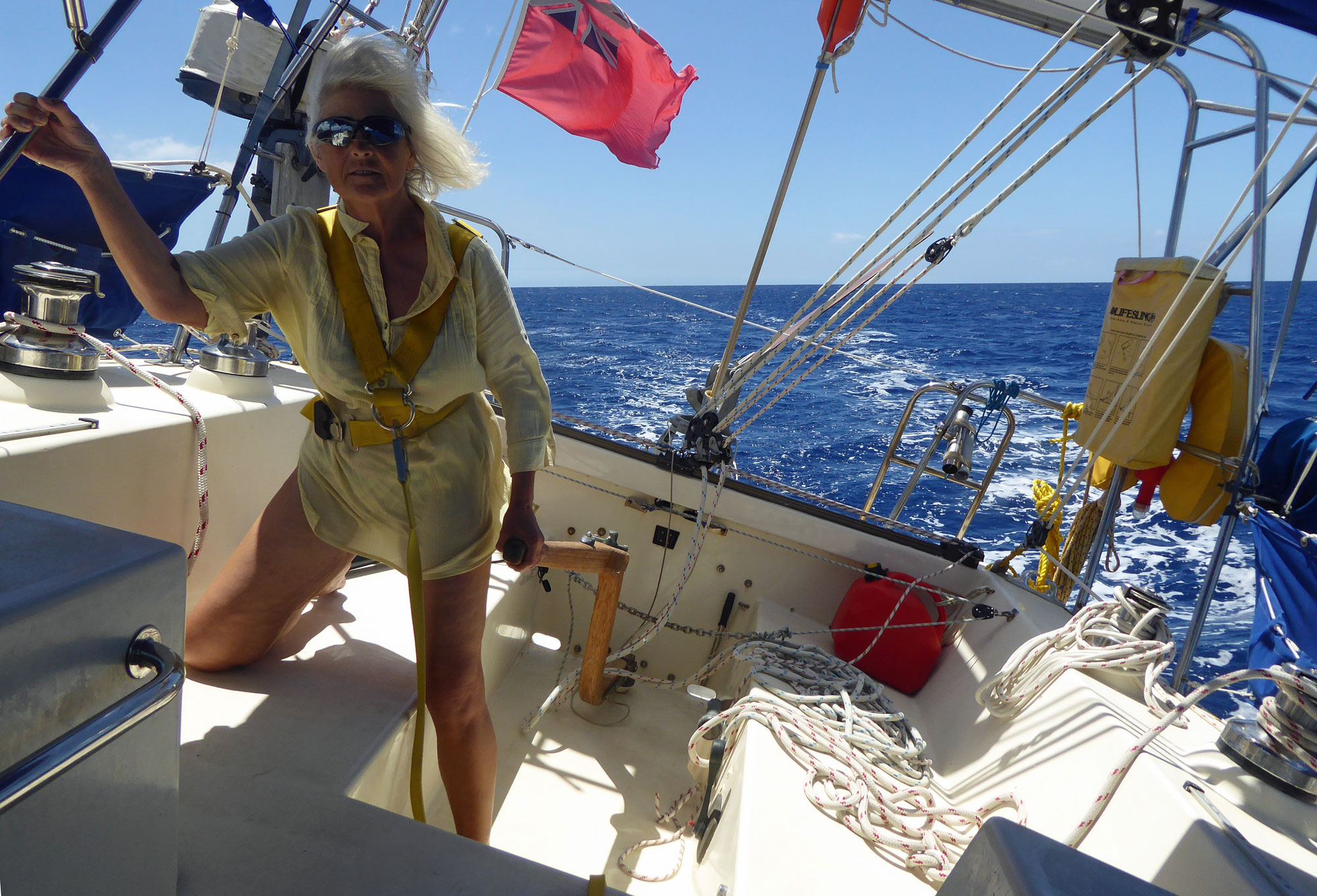 Tiller steering 'Alacazam', a light-displacement, aft-cockpit cruising sailboat