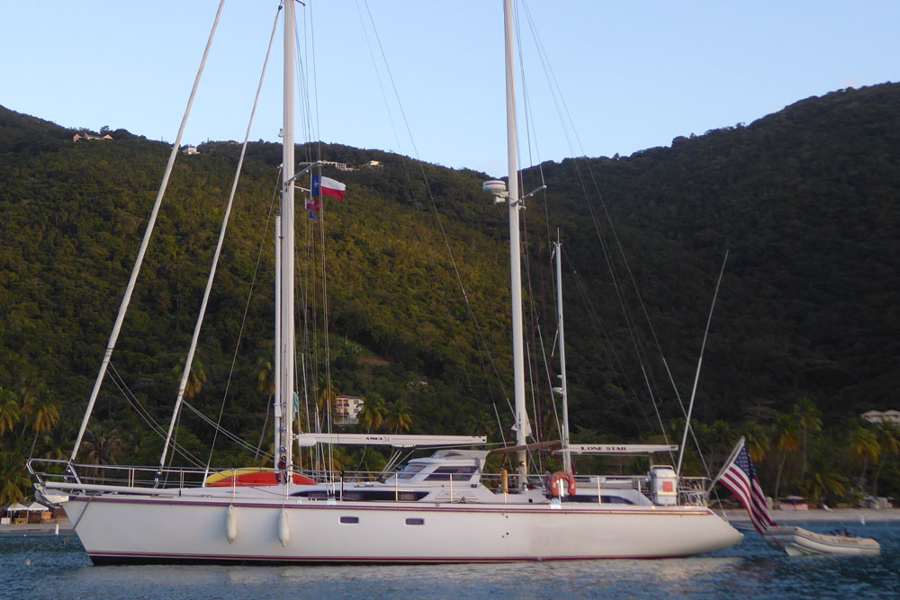 An Amel 54 sailboat at anchor