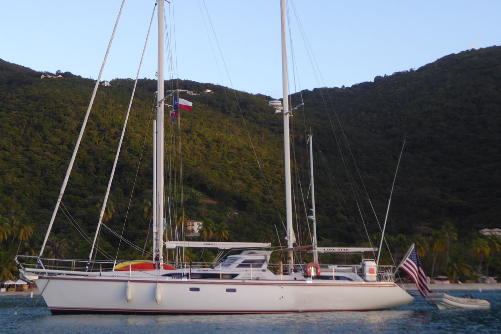 An Amel 54 ketch at anchor