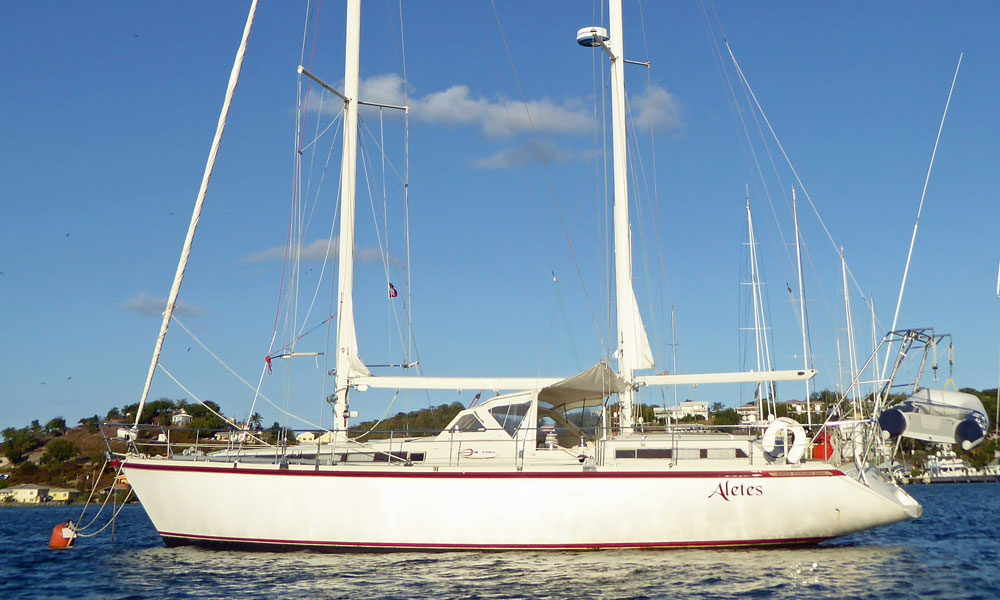 'Aletes', an Amel Super Maramu 2000 Sailboat on a mooring ball in Falmouth Harbour, Antigua