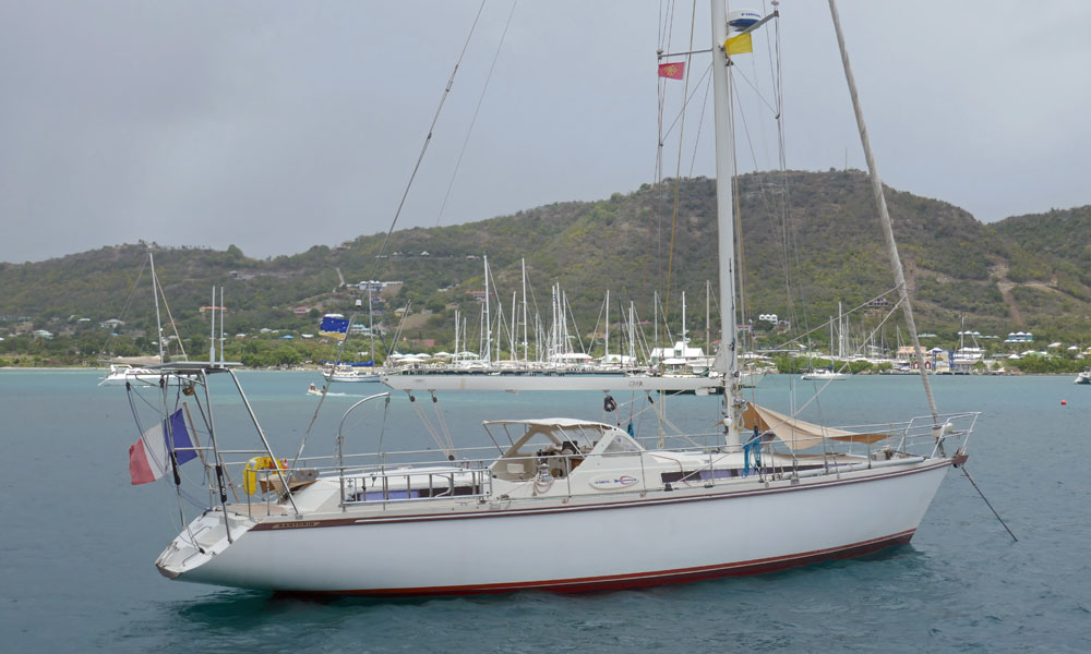 'Cham', an Amel Santorin Sloop anchored in Falmouth Harbour, Antigua.
Amel also produced a ketch version of the Santorin.