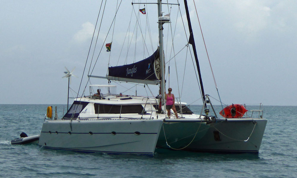 A Krysna 480 catamaran prepares to anchor.