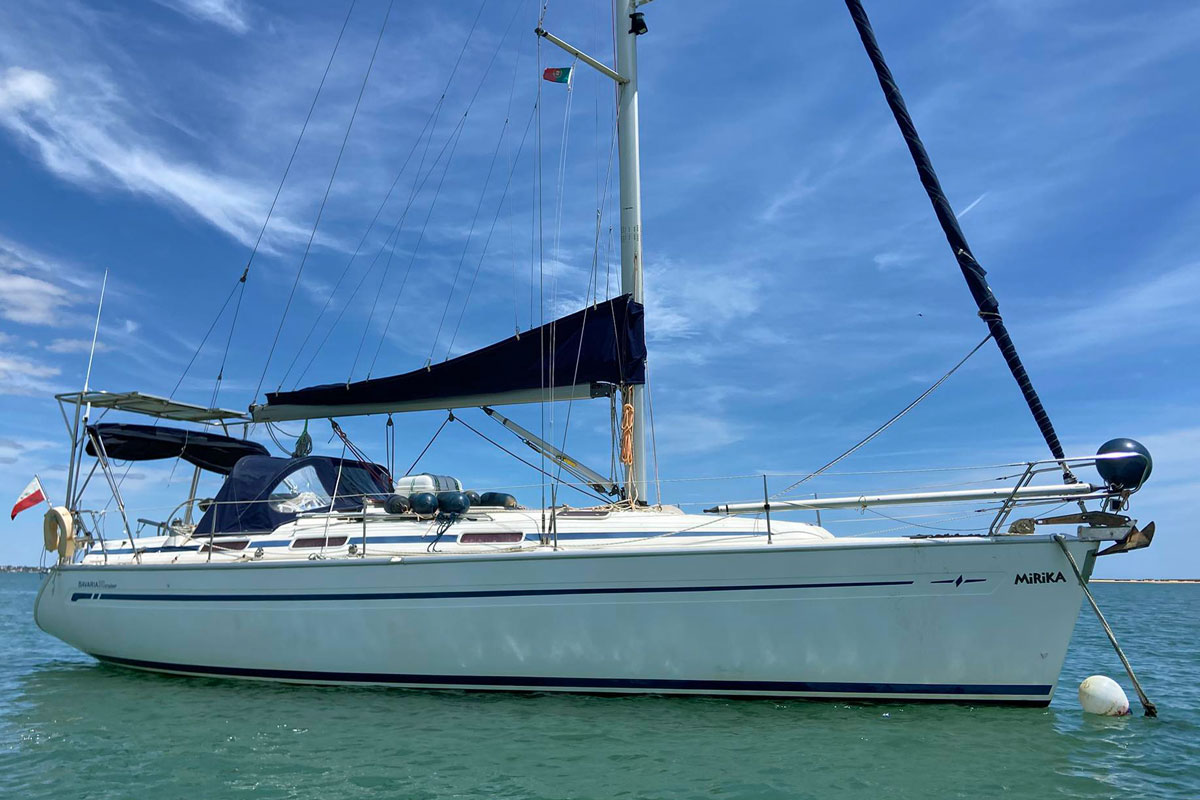 A Bavaria 38 sailboat at anchor