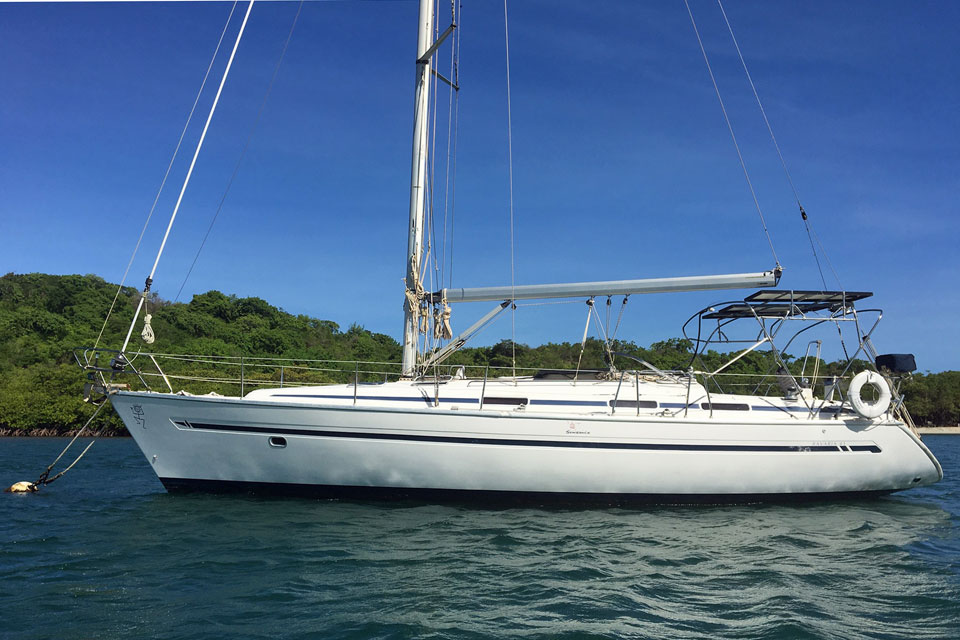 A Bavaria 41 sailboat at anchor in Prickly Bay, Grenada, in the West Indies