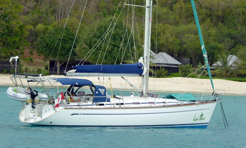 <i>'Limin' Time'</i>, a Bavaria 44 at anchor in Hermitage Bay, Antigua