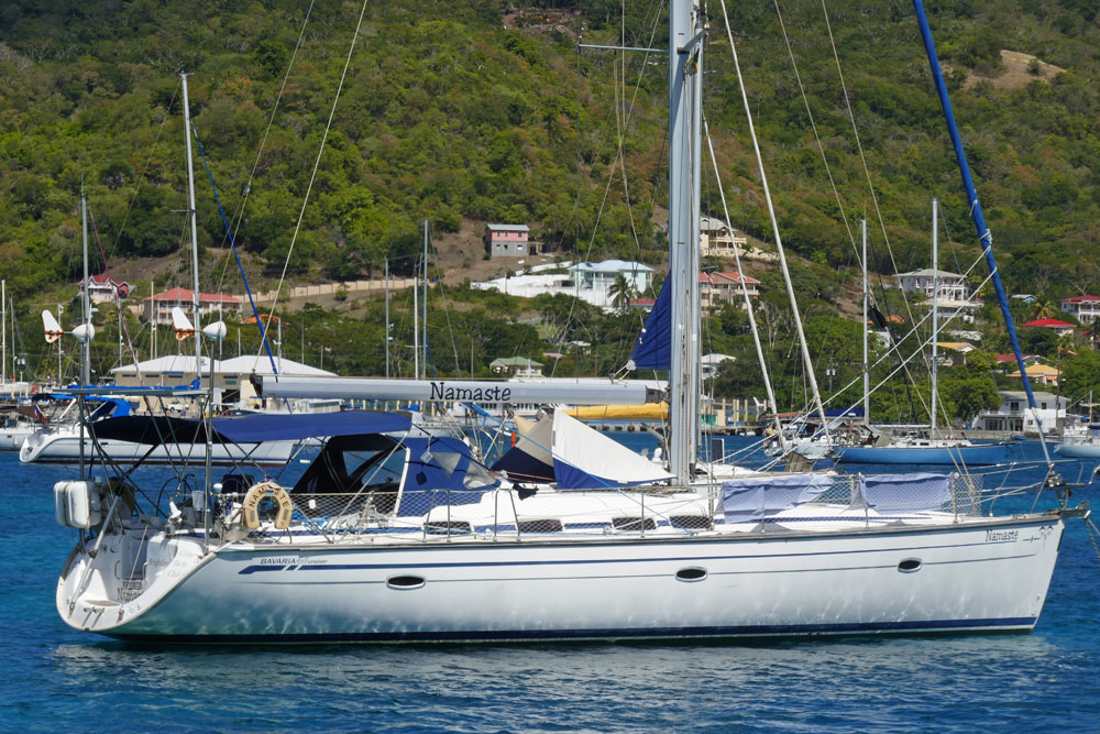 'Namaste', a Bavaria 46 Cruiser sailboat at anchor in Tyrell Bay, Carriacou, West Indies