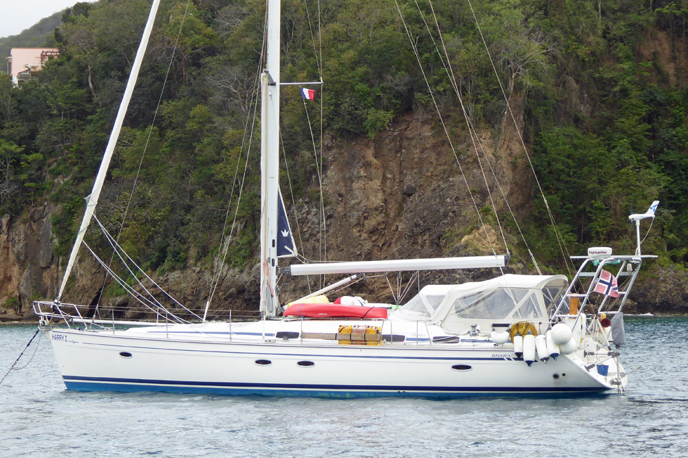 A Bavaria 50 sailboat at anchor