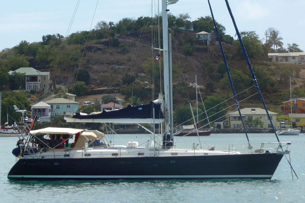 A Beneteau 50 sailboat at anchor in Falmouth Harbour, Antigua