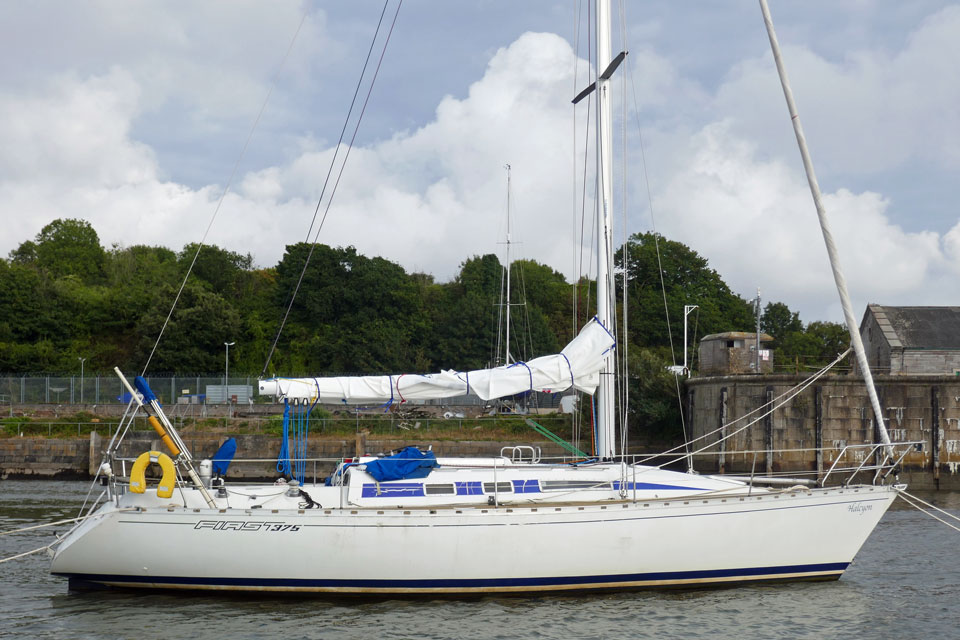 A Beneteau First 375 sailboat on a mooring