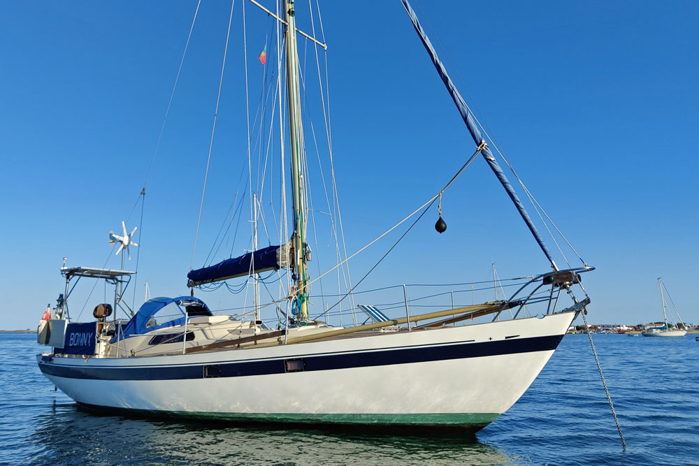 A Biscay 36 sloop at anchor