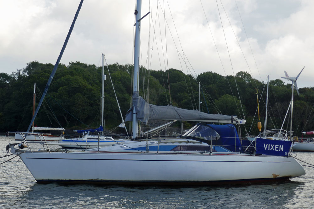 Bolero 35.5 sailboat on a Tamar River Sailing Club mooring in Devon, England.