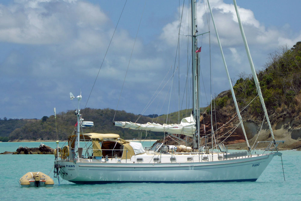 A Bowman 45 at anchor in Five Islands Bay, Antigua
