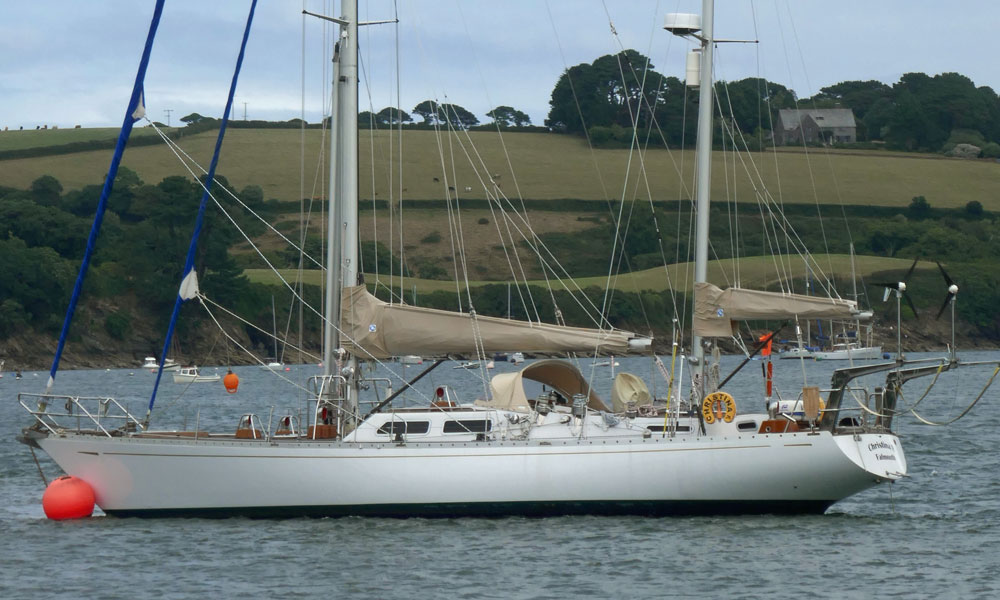 A Bowman 57 Staysail Ketch moored on the Helford River in Cornwall, UK.