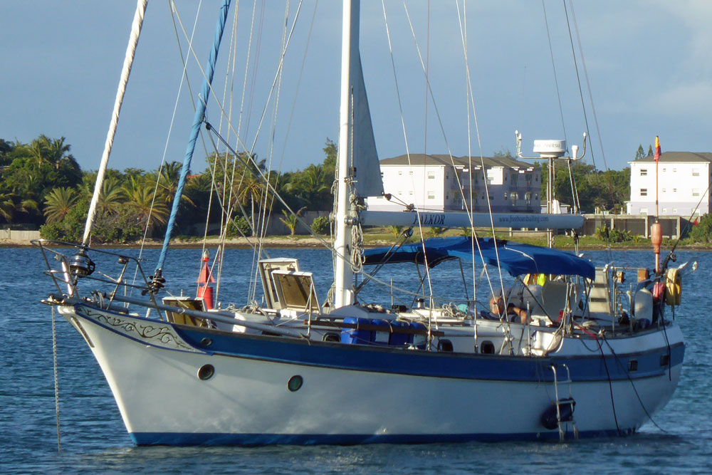 A CSY 44 sailboat at anchor. 'CSY' stands for 'Caribbean Sailing Yacht'.