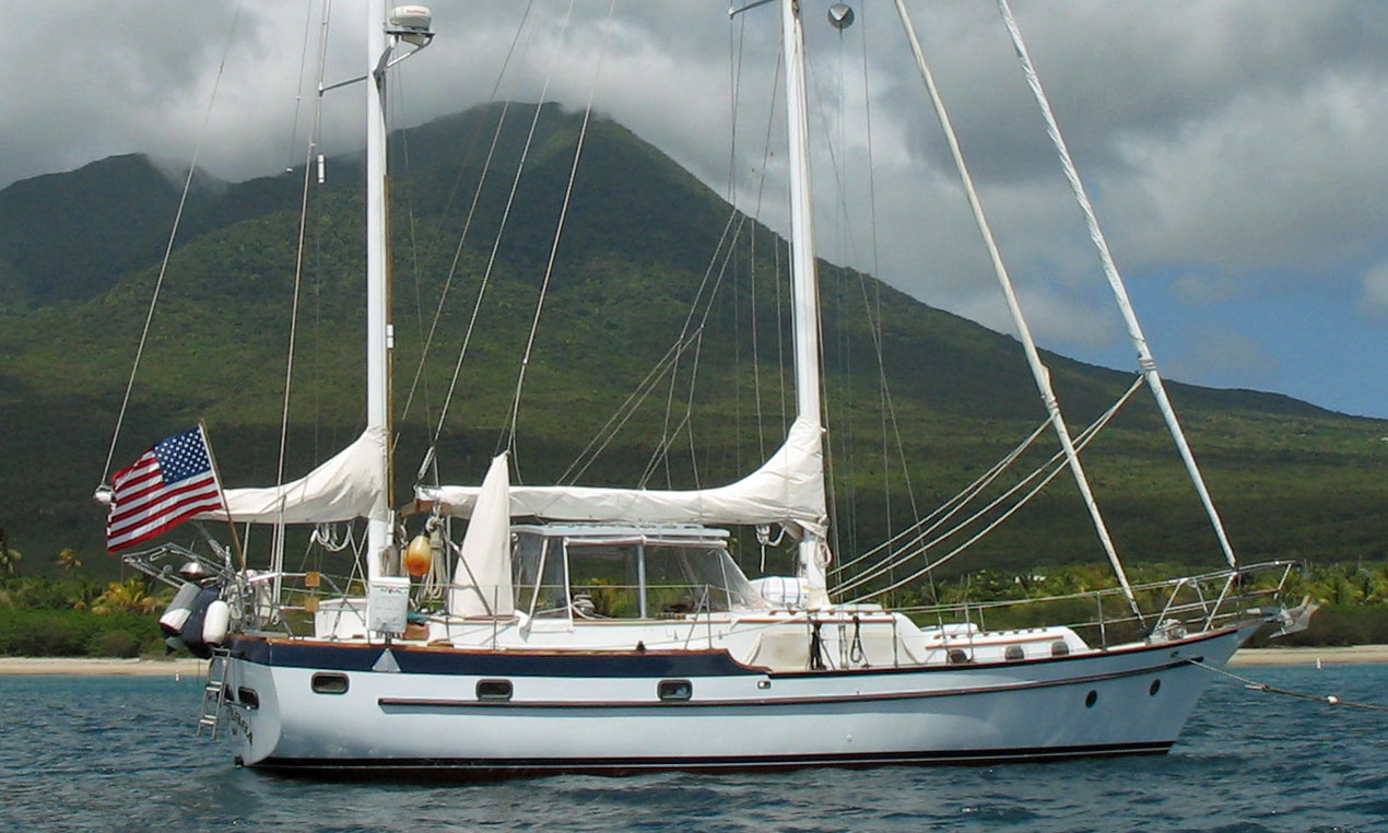 A CSY 44 'Walk-Through' ketch at anchor off Nevis in the West Indies