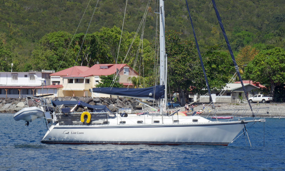A Caliber 40 LRC sailboat at anchor
