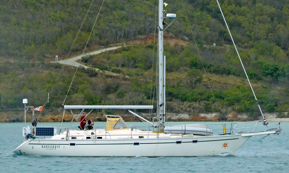 The Caliber 47 'Bakeapple approaches the anchorage at Jolly Harbour in Antigua, West Indies.