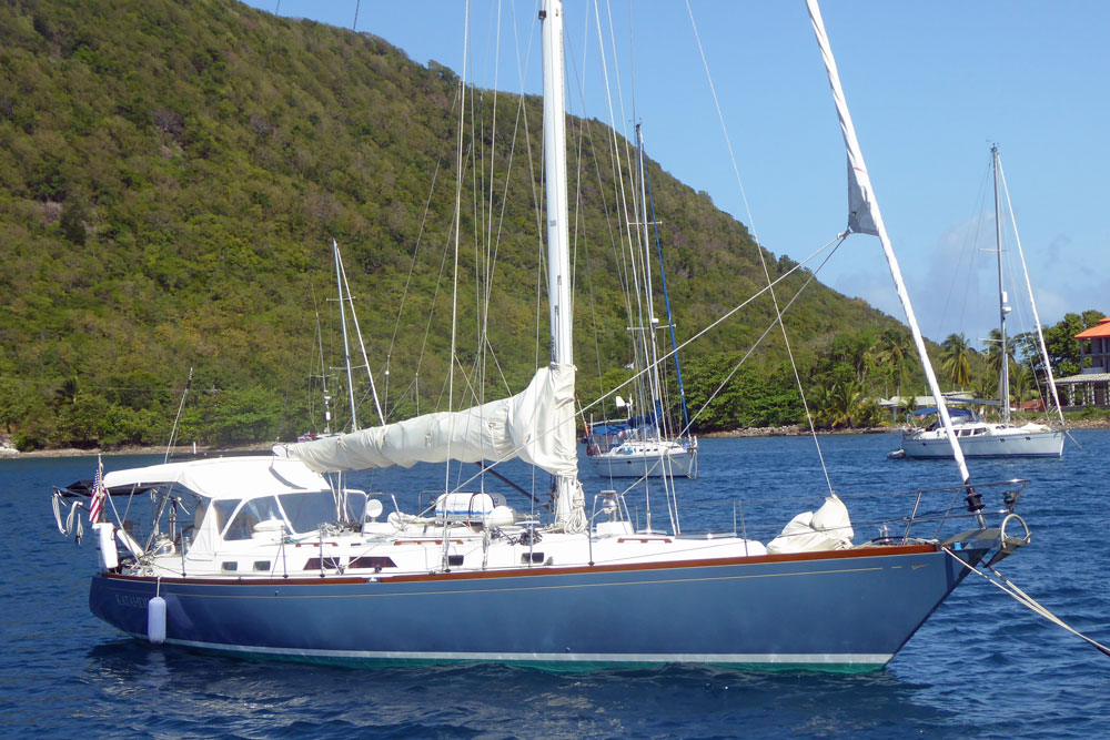 A Cambria 44 sailboat at anchor in Dominica in the West Indies
'Katahdin', a centreboard version, was the last one built.