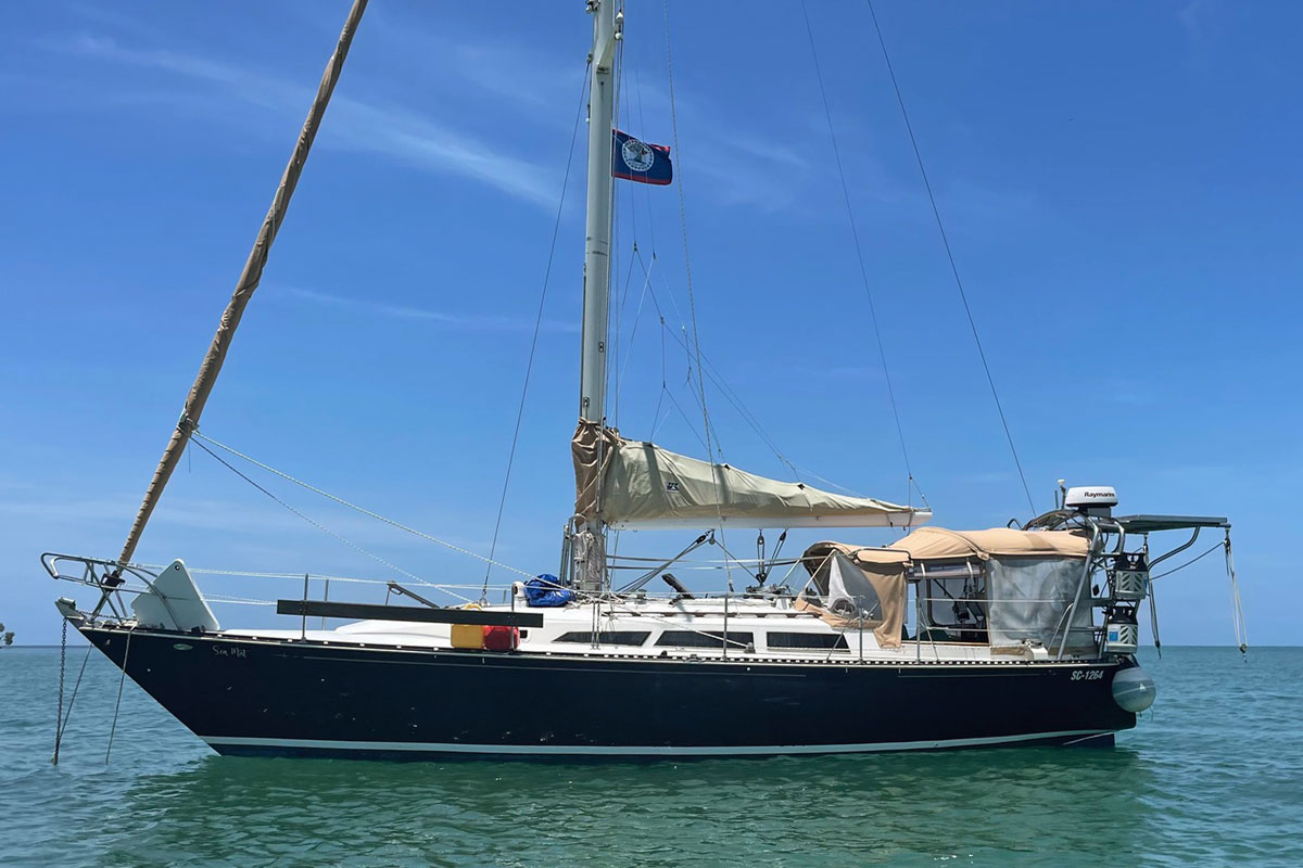 A C&C 36 sailboat at anchor