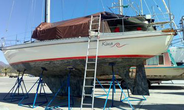 A Cavalier sailboat in a boatyard