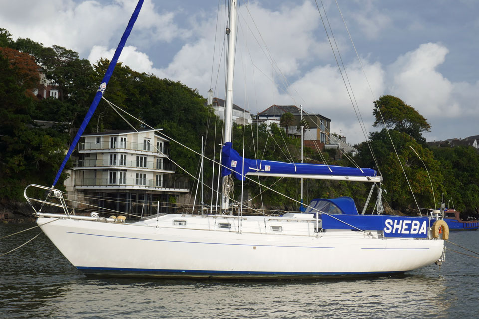 A Challenger 35 sailboat moored on the River Tamar in the UK