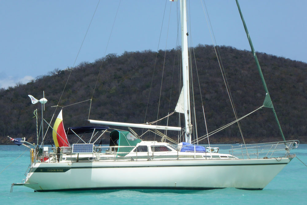 'Tudor Rose', a Colvic Countess 37 sailboat anchored in Five Island Bay, Antigua