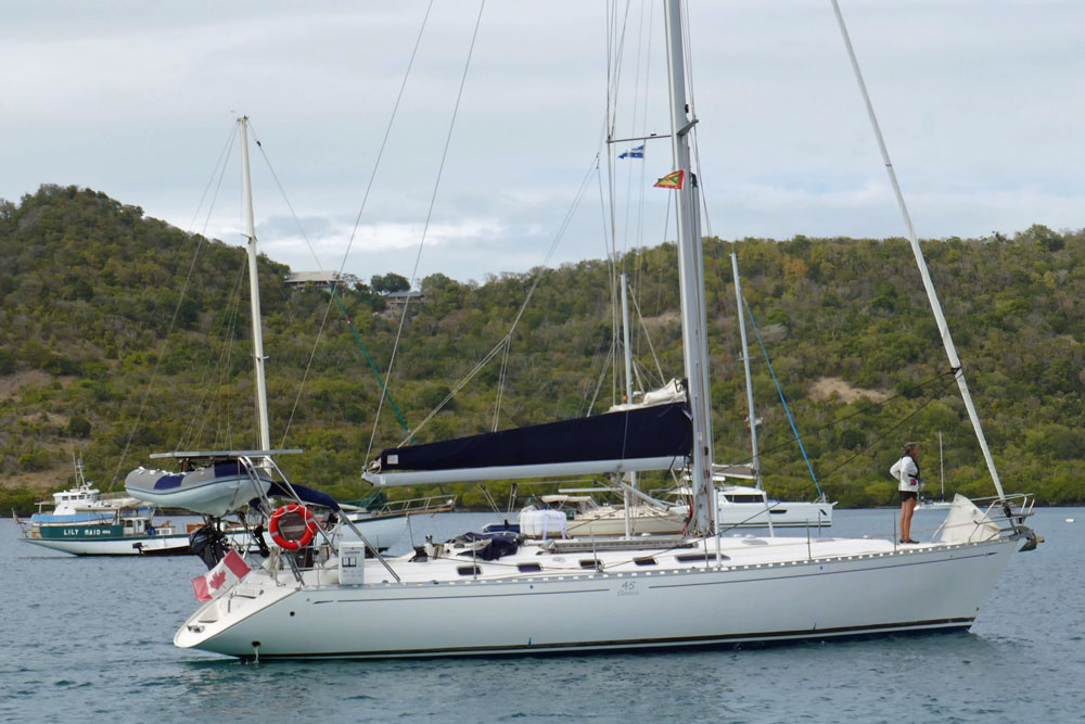 A Dufour Classic 45 sailboat prepares to drop the anchor