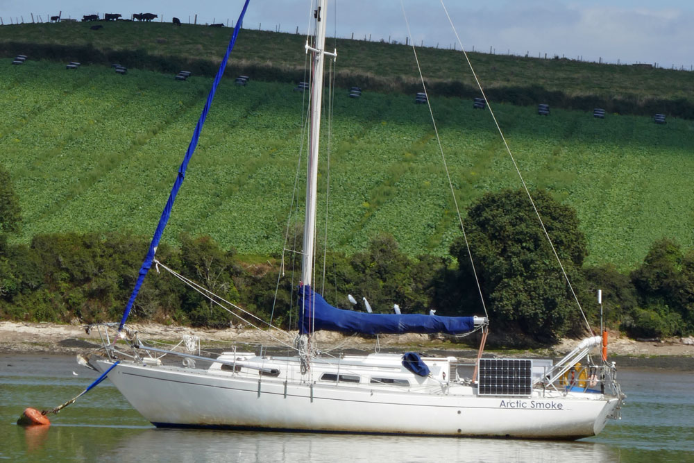 An Elizabethan 33 sailboat on the River Tamar, the county border between Devon and Cornwall in the UK