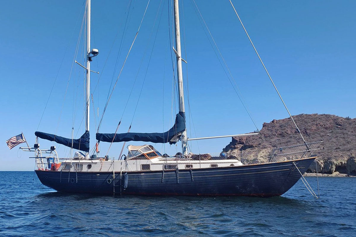 An Explorer 45 sailboat at anchor