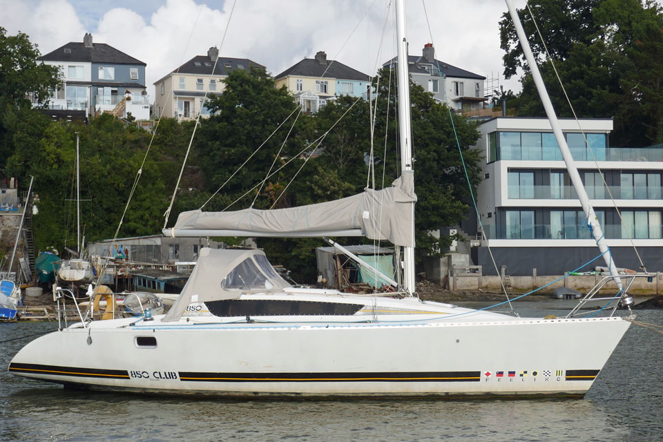 A Feeling 850 sailboat moored on the River Tamar in the southwest of England