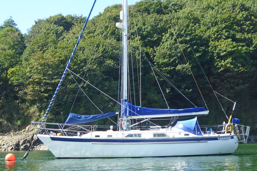 A Formosa 42 sailboat on a mooring ball