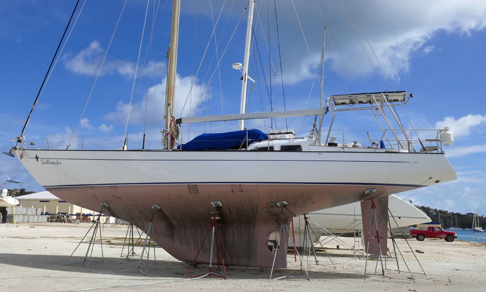 'Gallavanter', a Gallant 53 sailboat laid up ashore in Carriacou in the West Indies