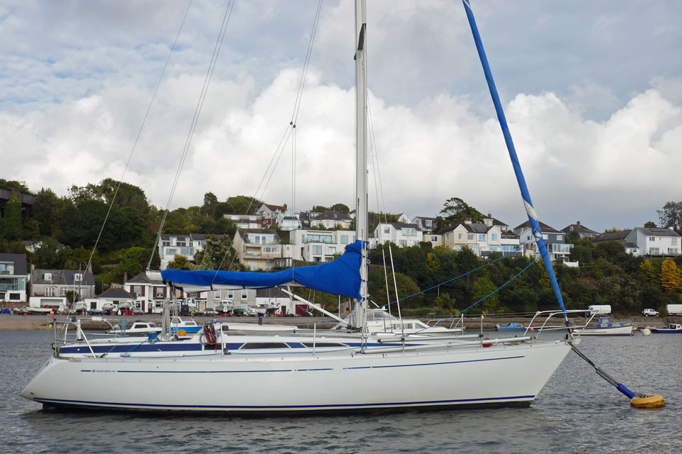 A Grand Soleil 343 sailboat moored on the River Tamar in southwest England