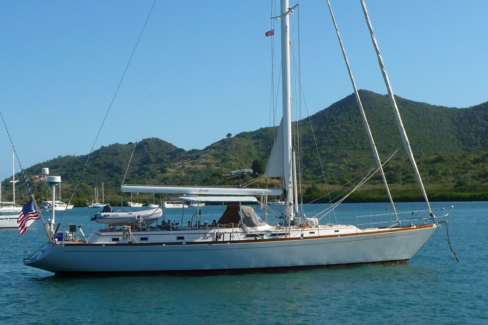 'Sudiki', a Gulfstar 60 sailboat at anchor in Simpson Bay, Ste Maarten in the Caribbean