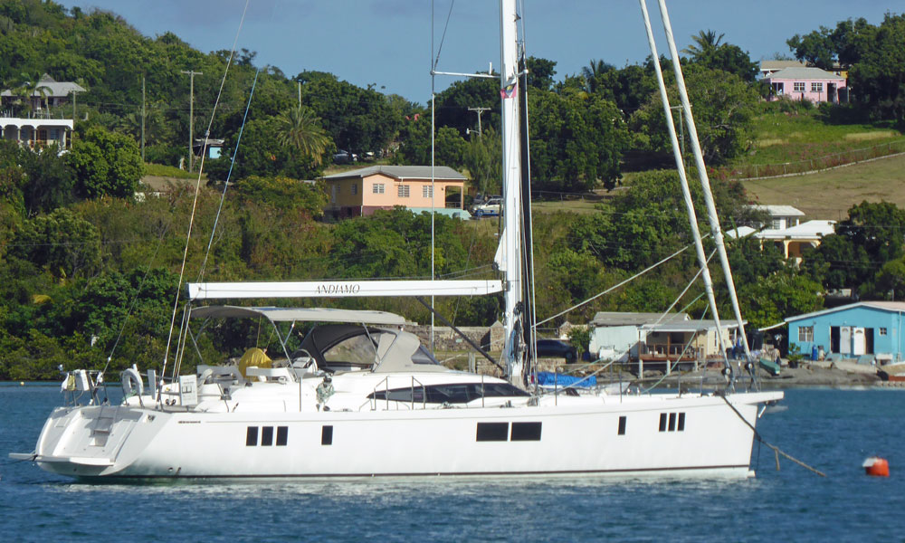 'Andiamo', a Solent-rigged Gunfleet 58 Sloop at anchor in Falmouth Harbour, Antigua