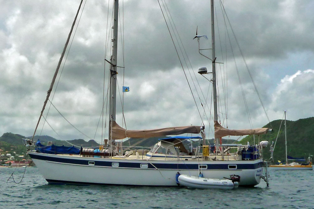 A Enderlein-designed version of the Hallberg Rassy 42 at anchor