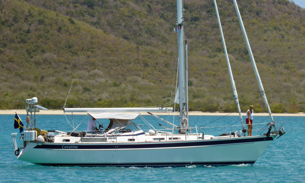 A Hallberg-Rassy 42 (Frers) sailboat at anchor