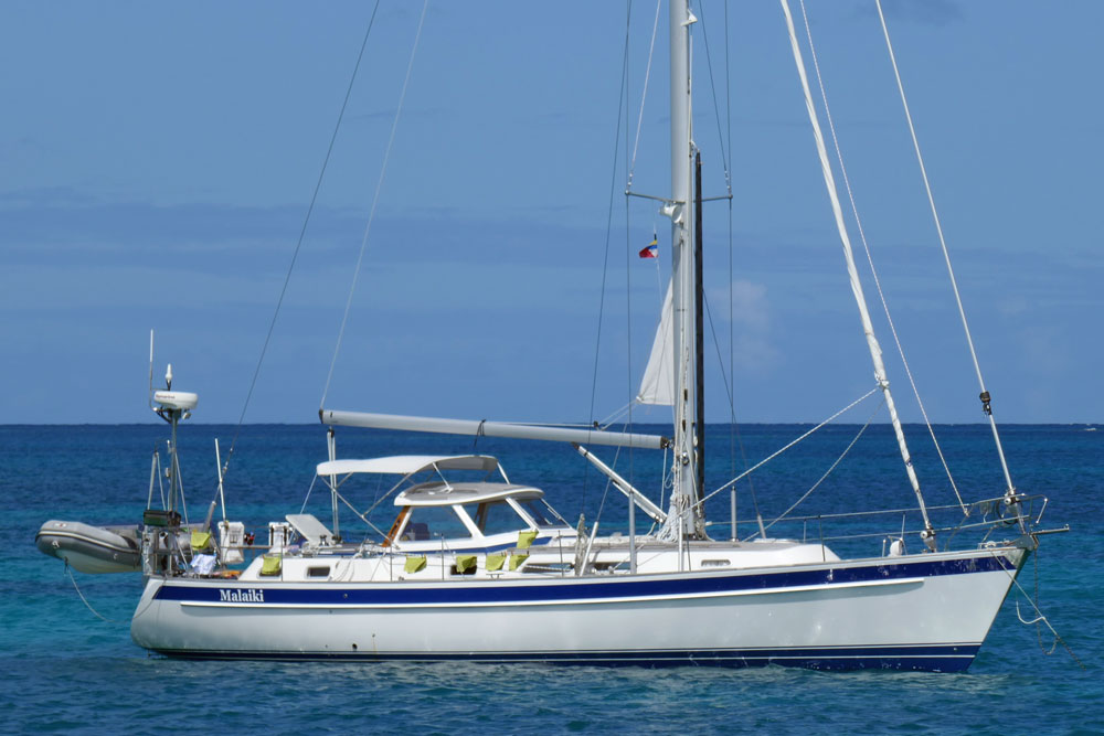 A Hallberg-Rassy 43 sailboat at anchor