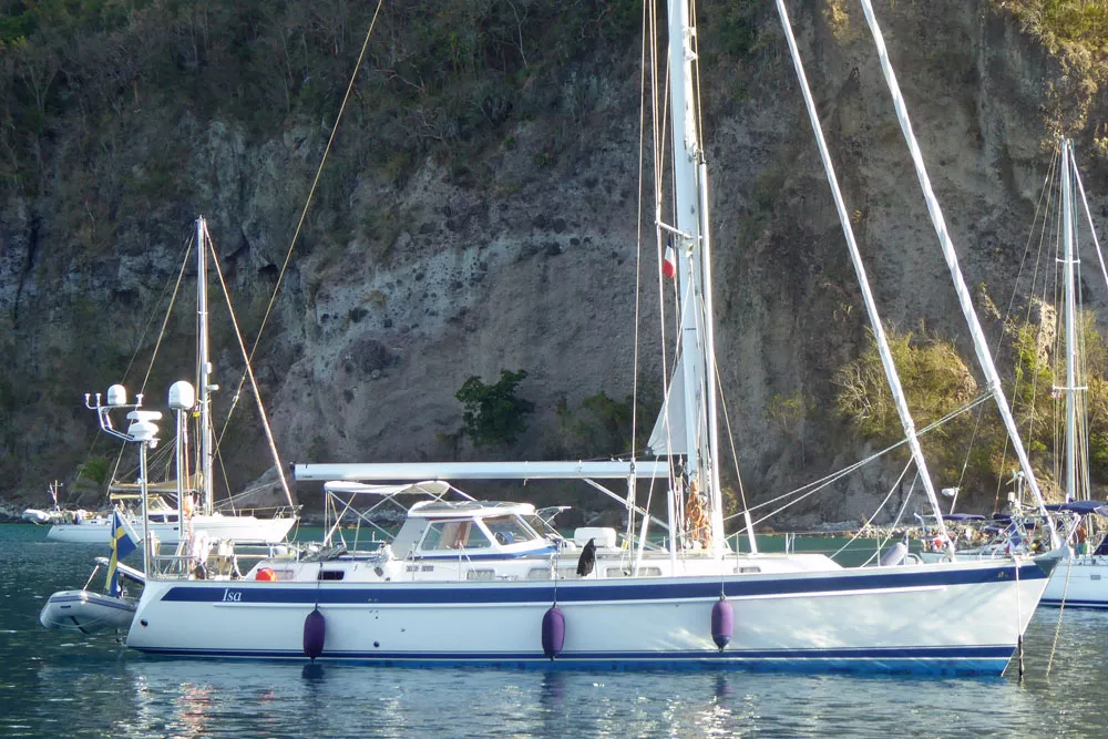 A Hallberg-Rassy 48 at anchor in Chatham Bay, Union Island in the West Indies