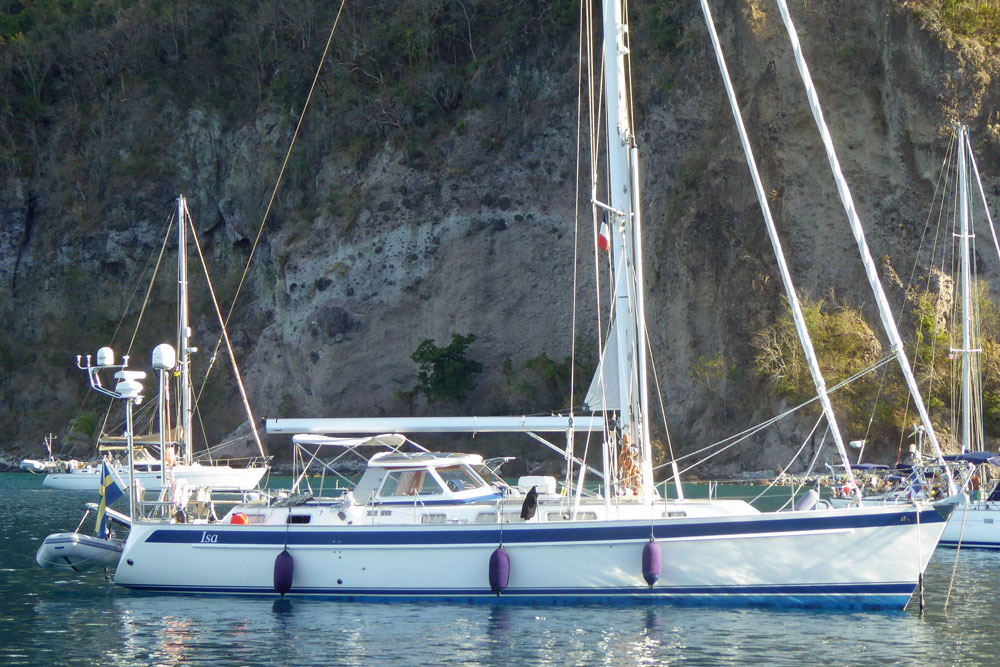 A Hallberg-Rassy 48 sailboat at anchor in Chatham Bay, Union Island, West Indies