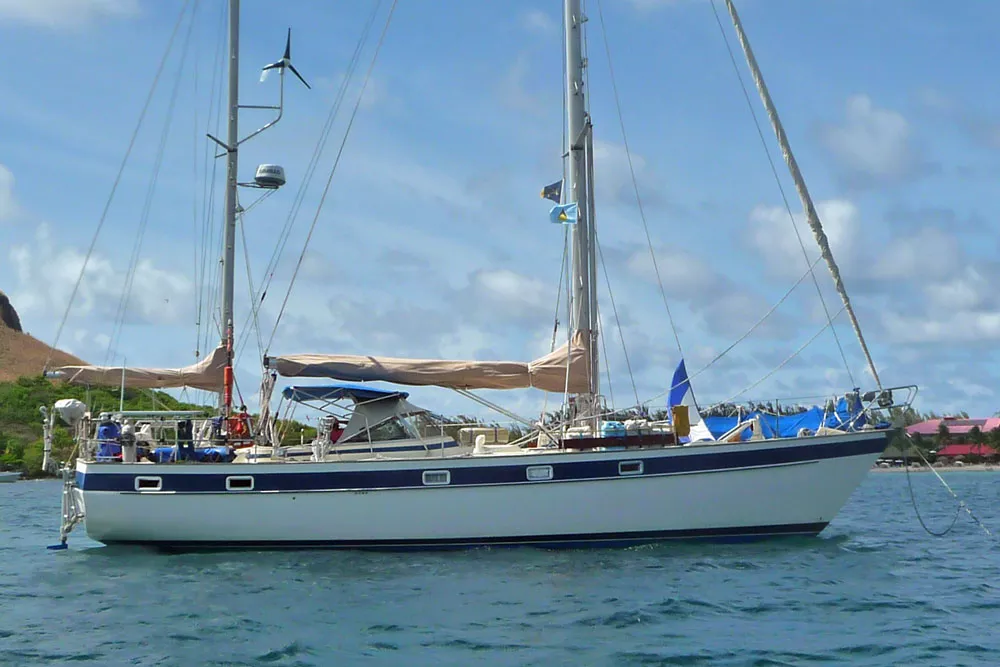A Hallberg-Rassy 49 sailboat at anchor