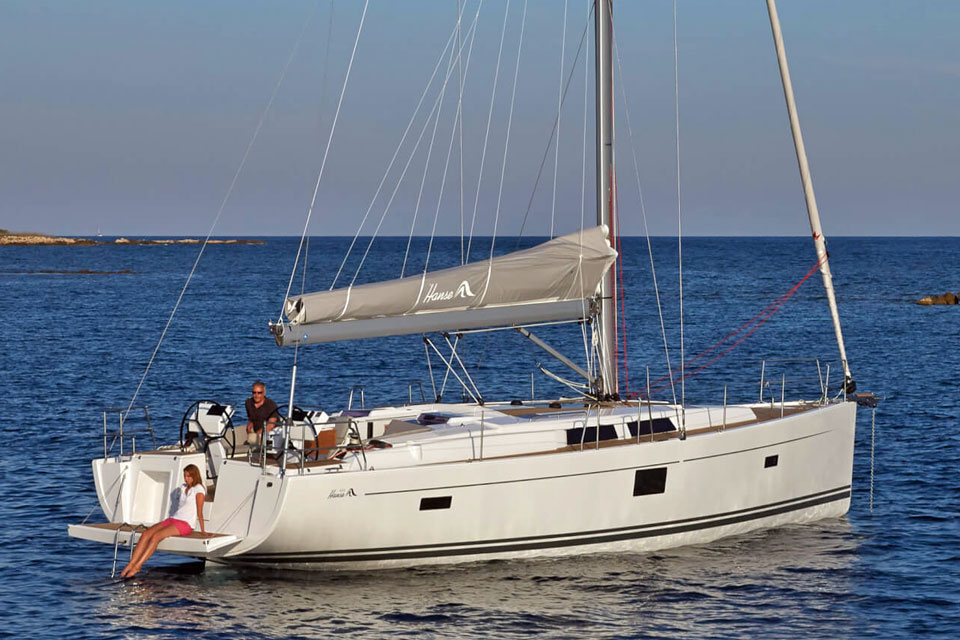 A Hanse 455 sailboat at anchor