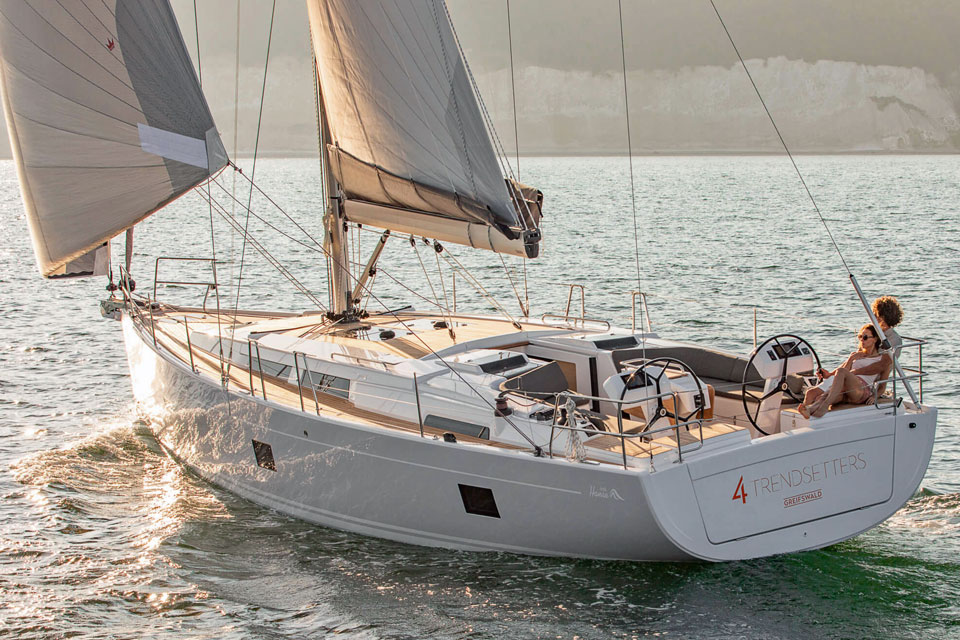 A Hanse 458 sailboat sailing in light airs