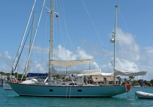 A Hinckley 48 heavy displacement sailboat at anchor